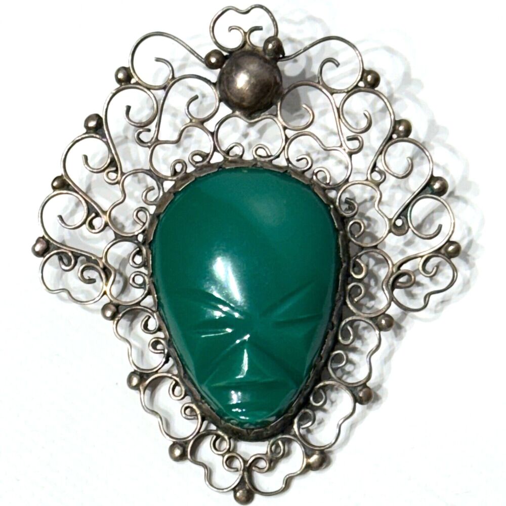 Vintage 1960s Mexico Sterling Silver Brooch Pin Green Onyx Aztec Mayan God (A3)